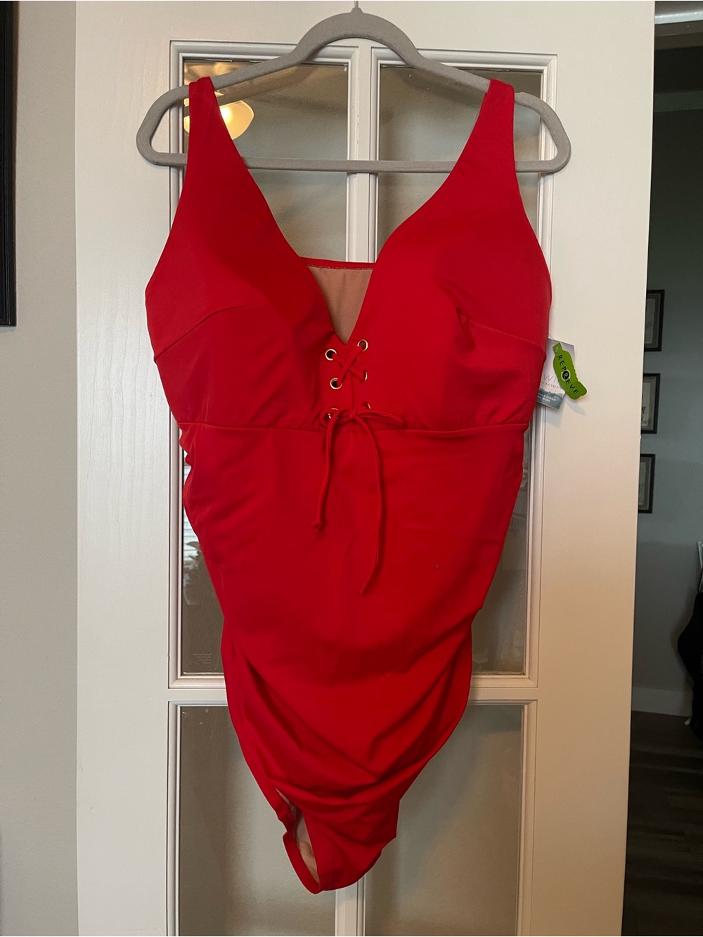 Plus Size Red Lace-Up One-Piece Swimsuit -